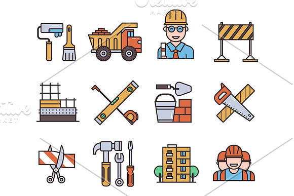 Construction Vector Linear Icons Universal Building Elements And Worker Equipment Flat Industry Tools Illustration