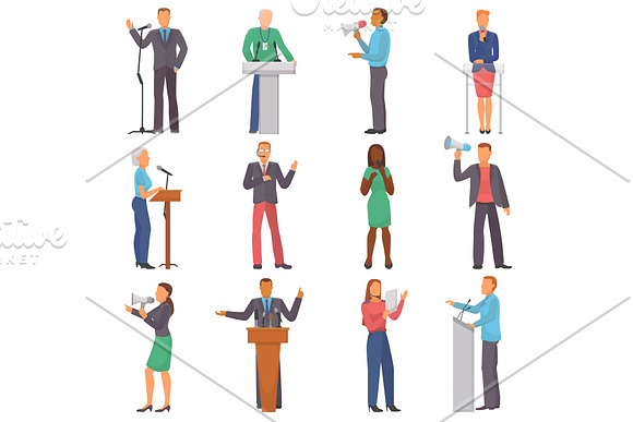 Speaker Vector People Characters Speaking At Business Event Or On Conference Presentation Illustration Set Of Man Or Woman Has A Speech On Seminar Isolated On White Background