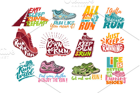 Run Lettering On Running Shoes Vector Sneakers Or Trainers With Text Signs For Typography Illustration Set Of Runners Inscriptions Run For Fun Isolated On White Background