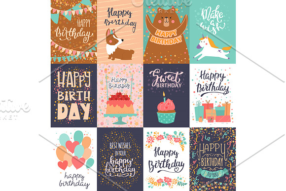 Happy Birthday Card Vector Anniversary Greeting Postcard With Lettering And Kids Birth Party Invitation With Cake Or Gifts Illustration Set Of Childs Postal Cards For Typography