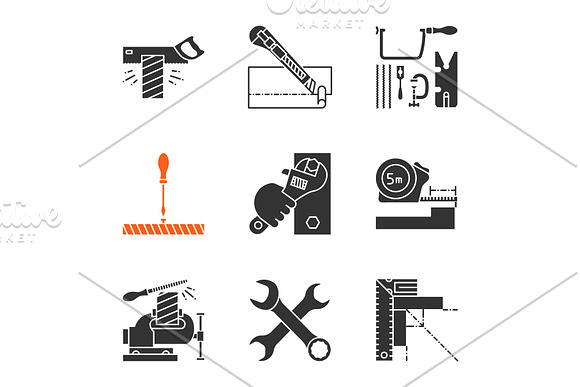 Construction Tools Glyph Icons Set