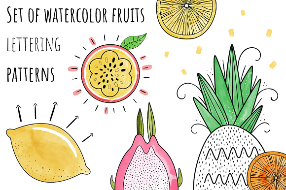 Set Of Watercolor Fruits Lettering
