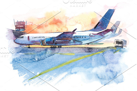 Airplane Is At The Airport On The Take-off Field Watercolor Illustration
