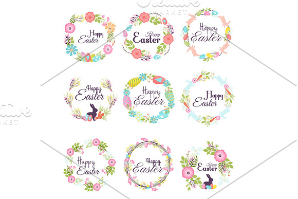Happy Easter Hand Drawn Badge Hand Lettering Greeting Decoration Natural Wreath Spring Flower Vector Illustration