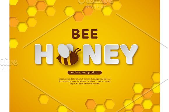 Bee Honey Typographic Design Paper Cut Style Letters Comb And Bee Yellow Background Vector Illustration