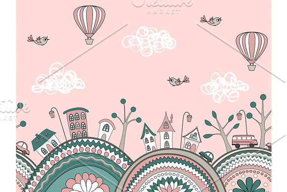 Cute Doodle Seamless Pattern City Hills
