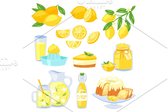 Lemon Food Vector Lemony Yellow Citrus Fruit And Fresh Lemonade Or Natural Juice Illustration Set Of Lemon Cake With Jam And Citric Syrup Isolated On White Background