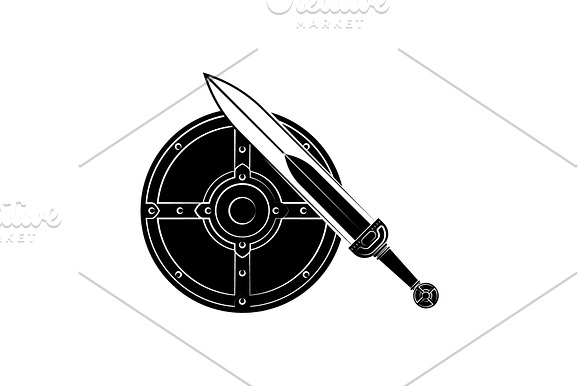 Round Shield And Sword Icon Black