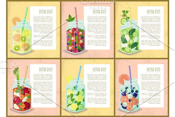 Detox Diet Set Of Posters Juicy Drinks Of Fruits