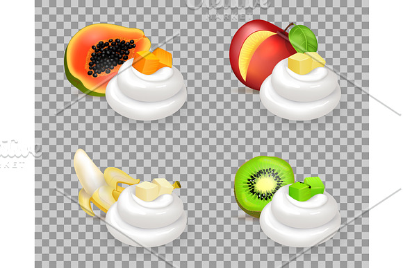 Sweet Ripe Fruits And Delicious Whipped Cream Set