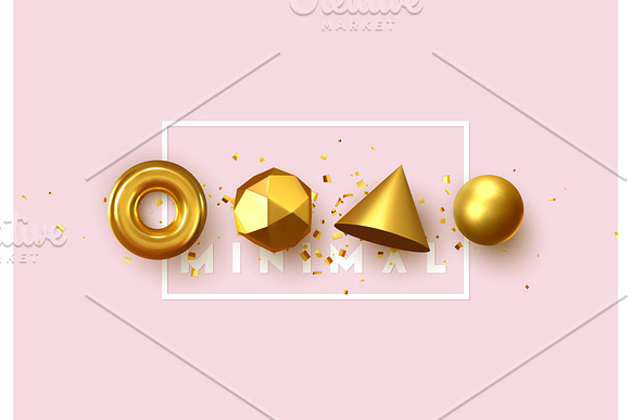 Abstract Geometric Background 3D Shapes Golden Color Spheres Torus Cones