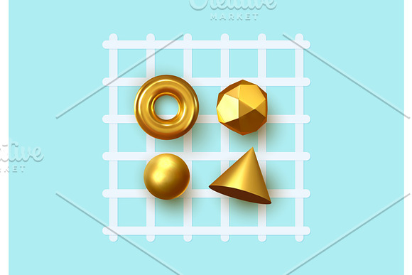 Abstract Geometric Background 3D Shapes Golden Color Spheres Torus Cones