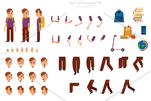 Student Boy With Backpack Creation Kit With Various Body Parts Face Emotions And Hand Gestures