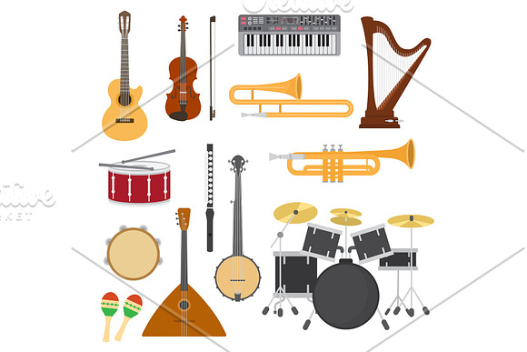Musical Instruments Vector Music Concert With Acoustic Guitar Or Balalaika And Musicians Violin Or Harp Illustration Set Wind Instruments Trumpet And Flute Isolated On White Background