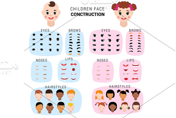 Child Face Constructor Vector Kids Character Of Girl Or Boy Avatar Creation Head Lips Nose And Eyes Illustration Set Of Facial Elements Construction With Children Hairstyle Isolated On Background