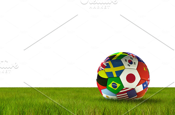 Soccer Football With Country Flags Isolated On White Background With Lush Grass World Championship 3D Illustration