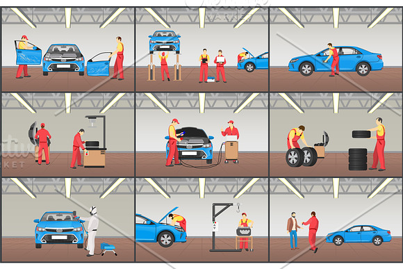 Automobile Service Color Vector Illustrations Set