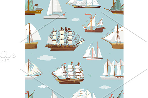 Vector Ship Boat Miniature Vessel Old Vintage Sailboat Souvenir Sea Shipping Travel White Canvase Seamless Pattern Background Adventure Sailboats