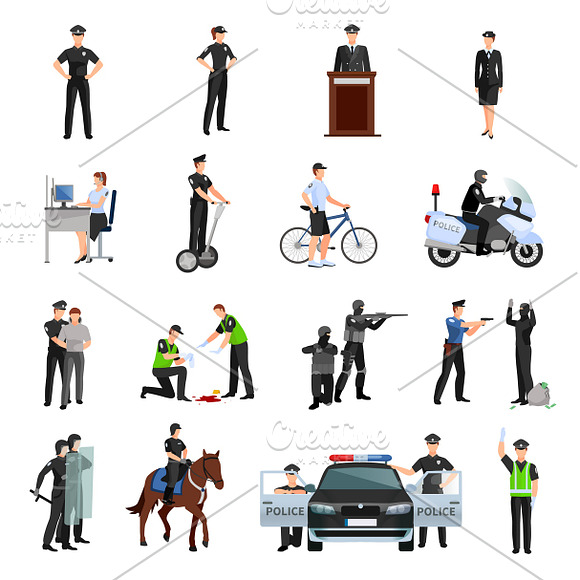 Police People Flat Color Icons Set