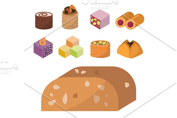 Sweets East Delicious Dessert Food Vector Confectionery Homemade Assortment Chocolate Cake Tasty Bakery Sweetness Delights Illustration