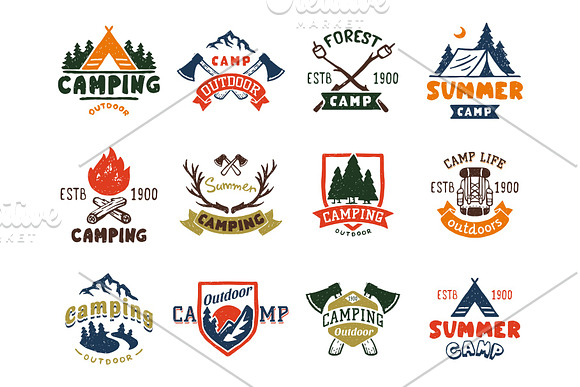 Set Of Vintage Woods Camp Badges And Travel Logo Hand Drawn Emblems Nature Mountain Camp Outdoor Vector Illustration