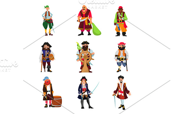 Pirate Vector Piratic Character Buccaneer Man In Pirating Costume In Hat With Sword Illustration Set Of Piracy Sailor Person Isolated On White Background