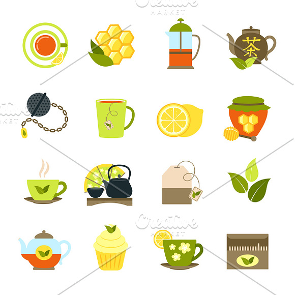 Black And Green Tea Icons Set