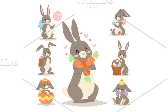 Easter Rabbit Vector Holiday Bunny Rabbit And Easter Eggs Pose Cute Happy Spring Adorble Rabbit Animal Illustration Happy Family Celebration