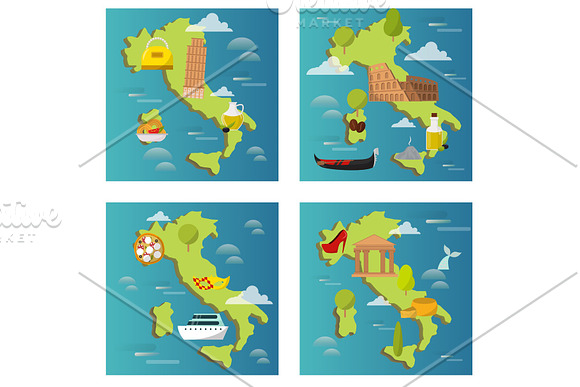 Italy Travel Map Vector Attraction Tourist Symbols Sightseeing World Italian Architecture Elements Illustration