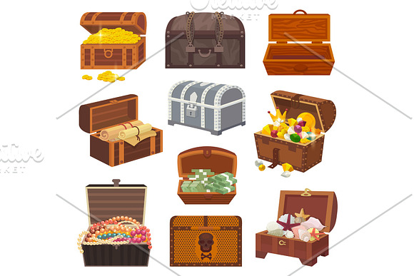 Chest Vector Treasure Box With Gold Money Wealth Or Wooden Pirate Chests With Golden Coins And Ancient Jewels Illustration Isolated On White Background