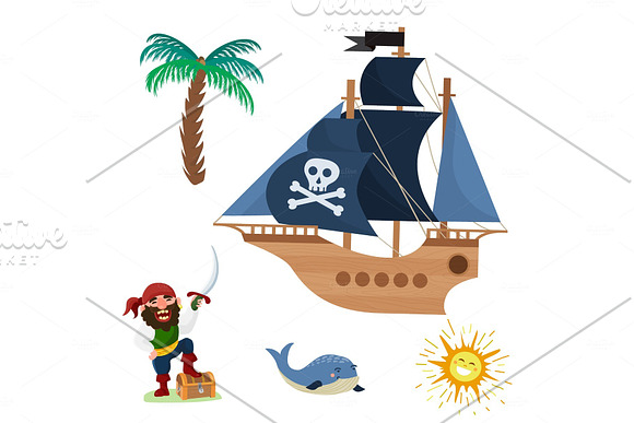 Pirate Treasure Vector Adventure Sea Nautical Symbols Nautical Character Captain Sailor With Sword Jewelry Piratic Illustration