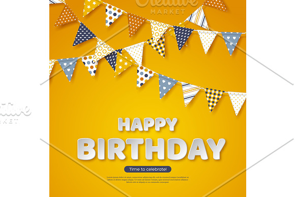 Happy Birthday Greeting Design Paper Cut Style White Letters And Bunting Flags With Different Colorful Patterns Yellow Background Vector Illustration