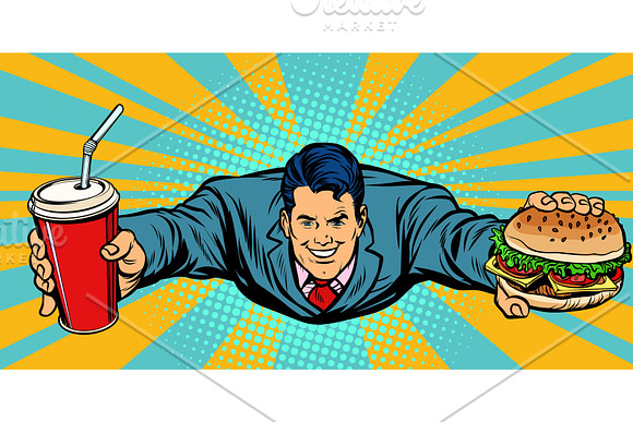 Businessman Flying Fast Food Burger And Cola