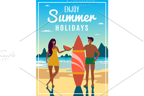 Vintage Summer Poster With Illustration Of Couple With Surfboard
