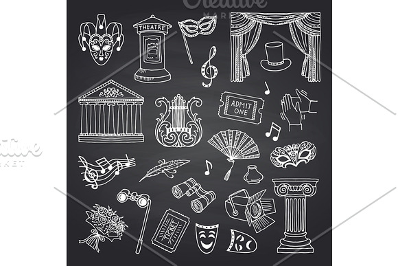 Vector Set Of Doodle Theatre Elements On Black Chalkboard Illustration