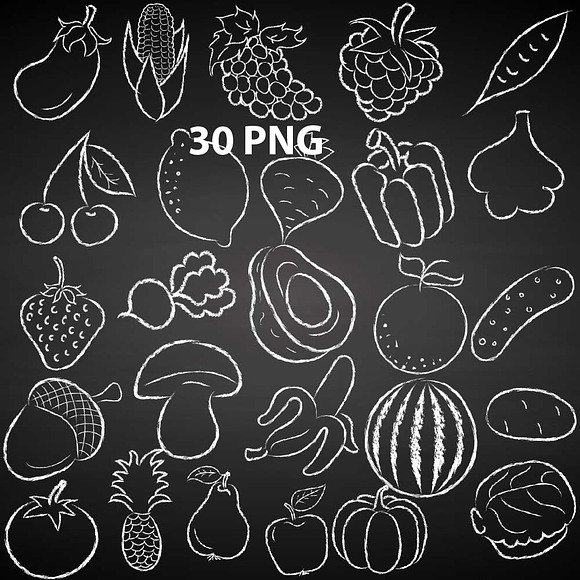 Chalkboard Fruit Vegetables Doodles