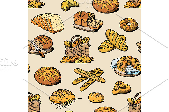 Bakery And Bread Vector Baking Breadstuff Meal Loaf Or Baguette Baked By Baker In Bakehouse Set Illustration Seamless Pattern Background
