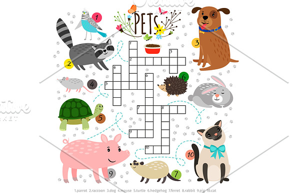 Kids Crosswords With Pets Children Crossing Word Search Puzzle With Pats Animals Like Cat And Dog Turtle And Hare