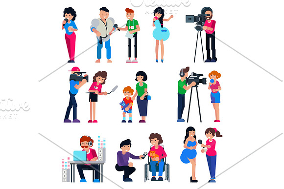 Journalist Vector Cameraman Character And Tv Reporter Broadcasting News Or Press Interview With Man Or Woman Illustration Set Of Journalistic People Working On Television Isolated On White Background
