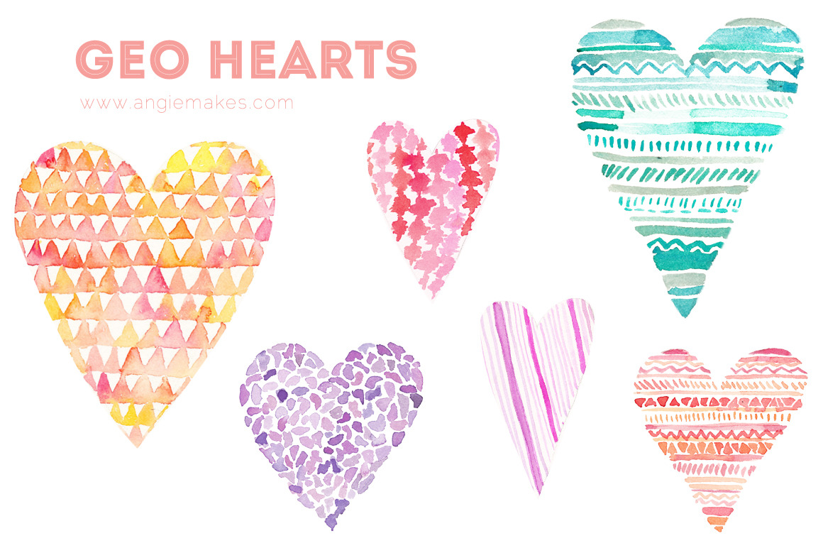 Geometric Hearts Watercolor Clip Art ~ Illustrations ...