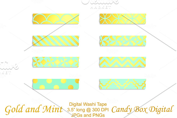 Gold Foil & Mint Digital Washi Tape in Patterns