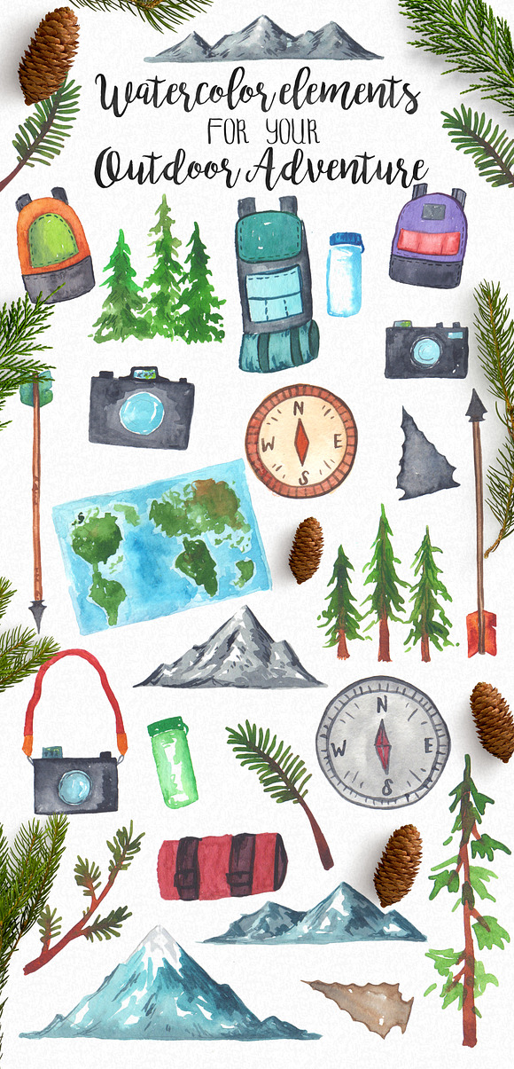 Watercolor Adventure Elements Pack in Illustrations - product preview 1