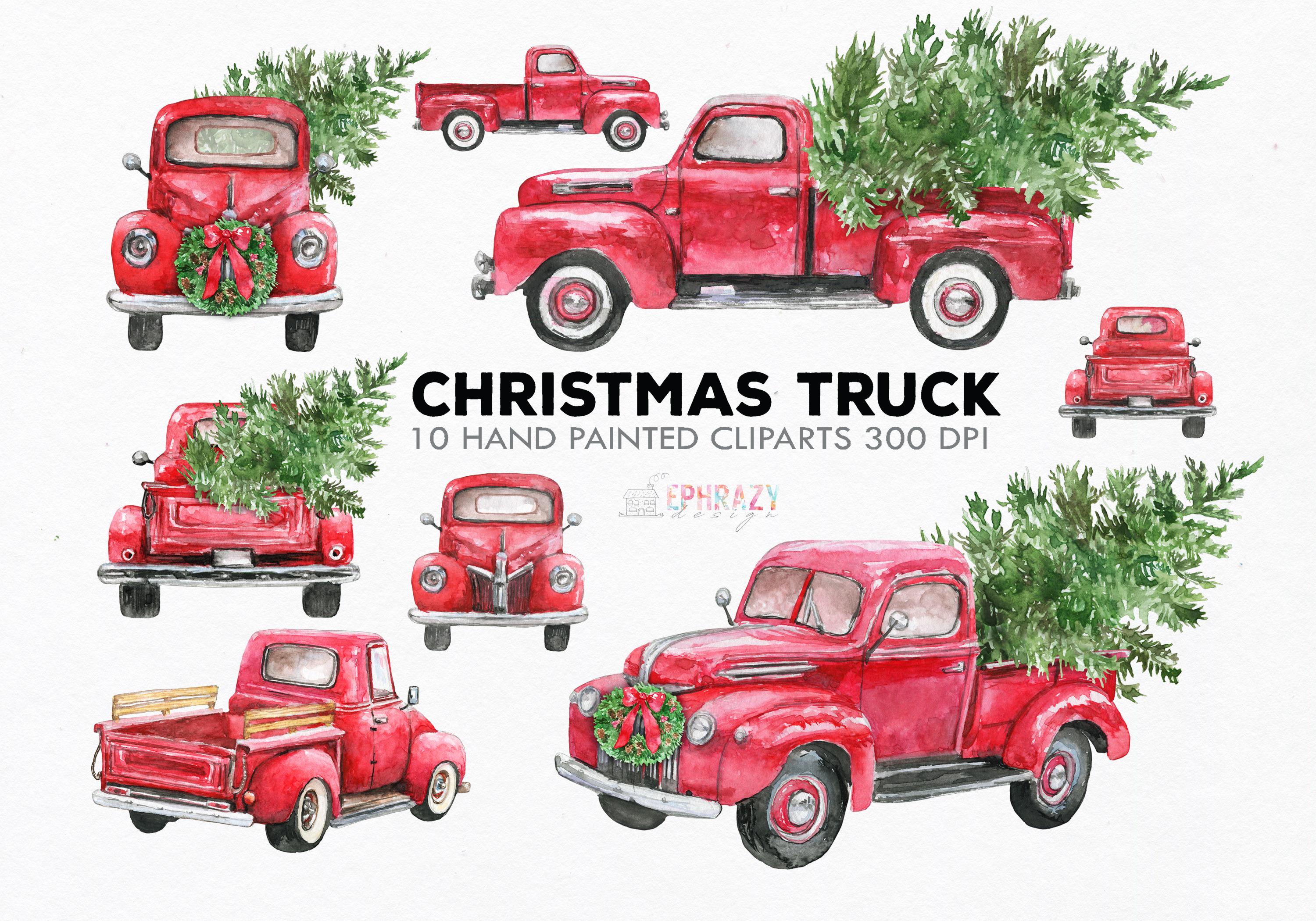 Red truck clipart. Watercolor ~ Illustrations ~ Creative ...