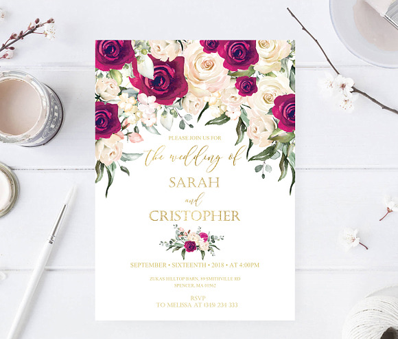 Burgundy Roses Wedding Invitation in Invitation Templates - product preview 2