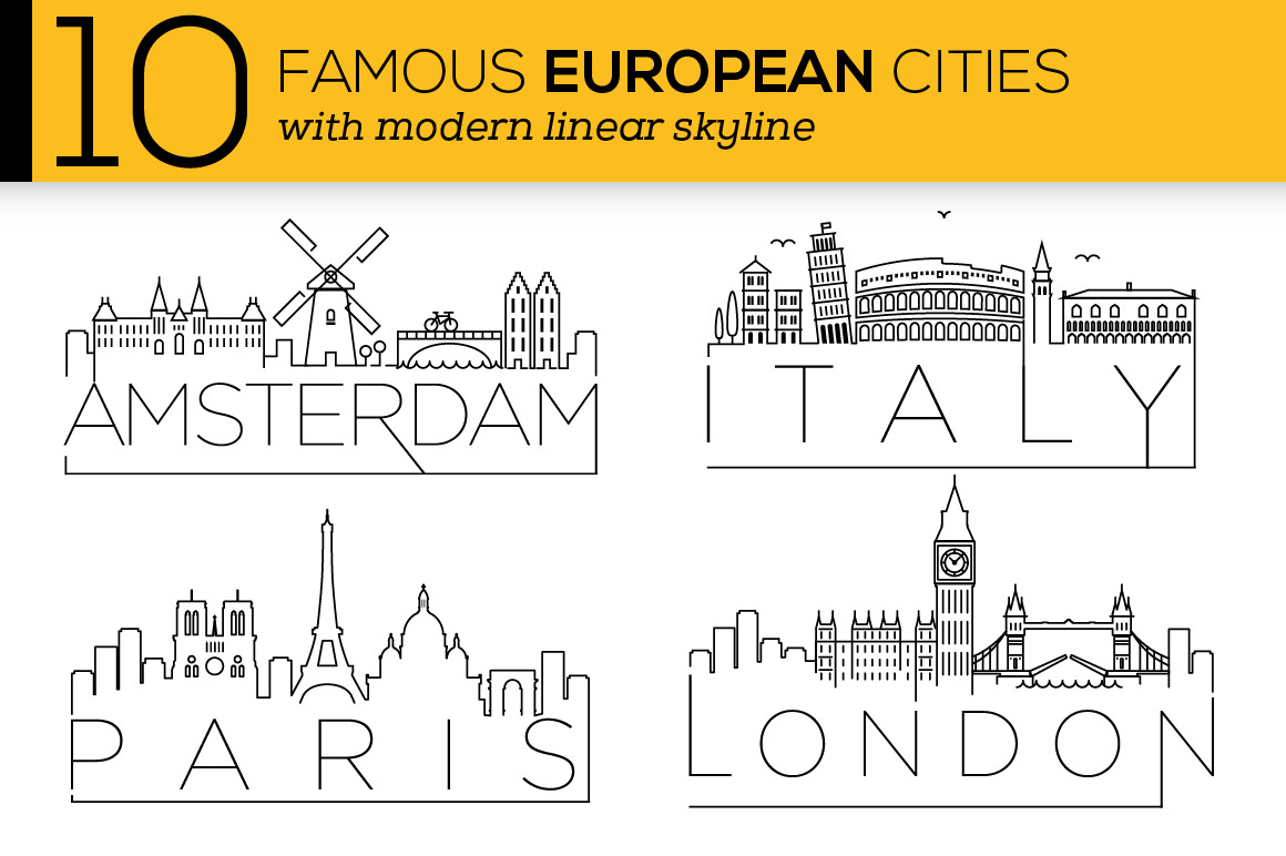 10 European Cities Linear Skyline ~ Icons ~ Creative Market