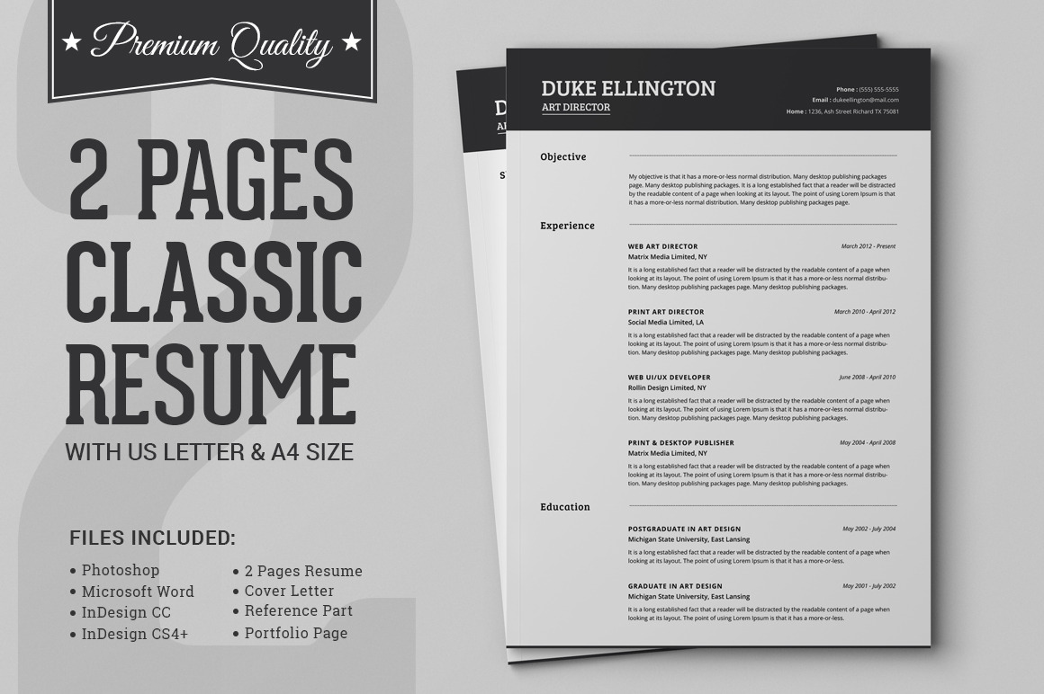 Two Pages Classic Resume CV Template ~ Resume Templates ~ Creative Market
