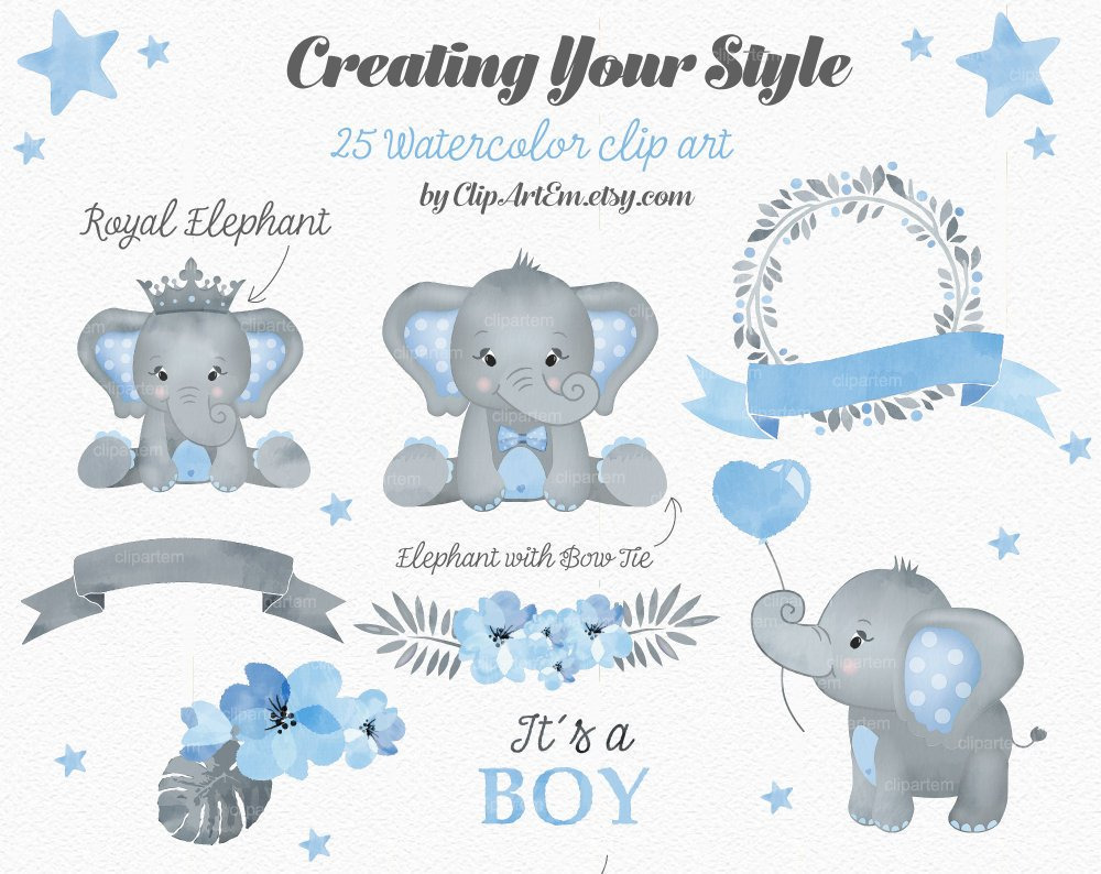 Boy Blue Gray Elephant Clipart ~ Illustrations ~ Creative ...