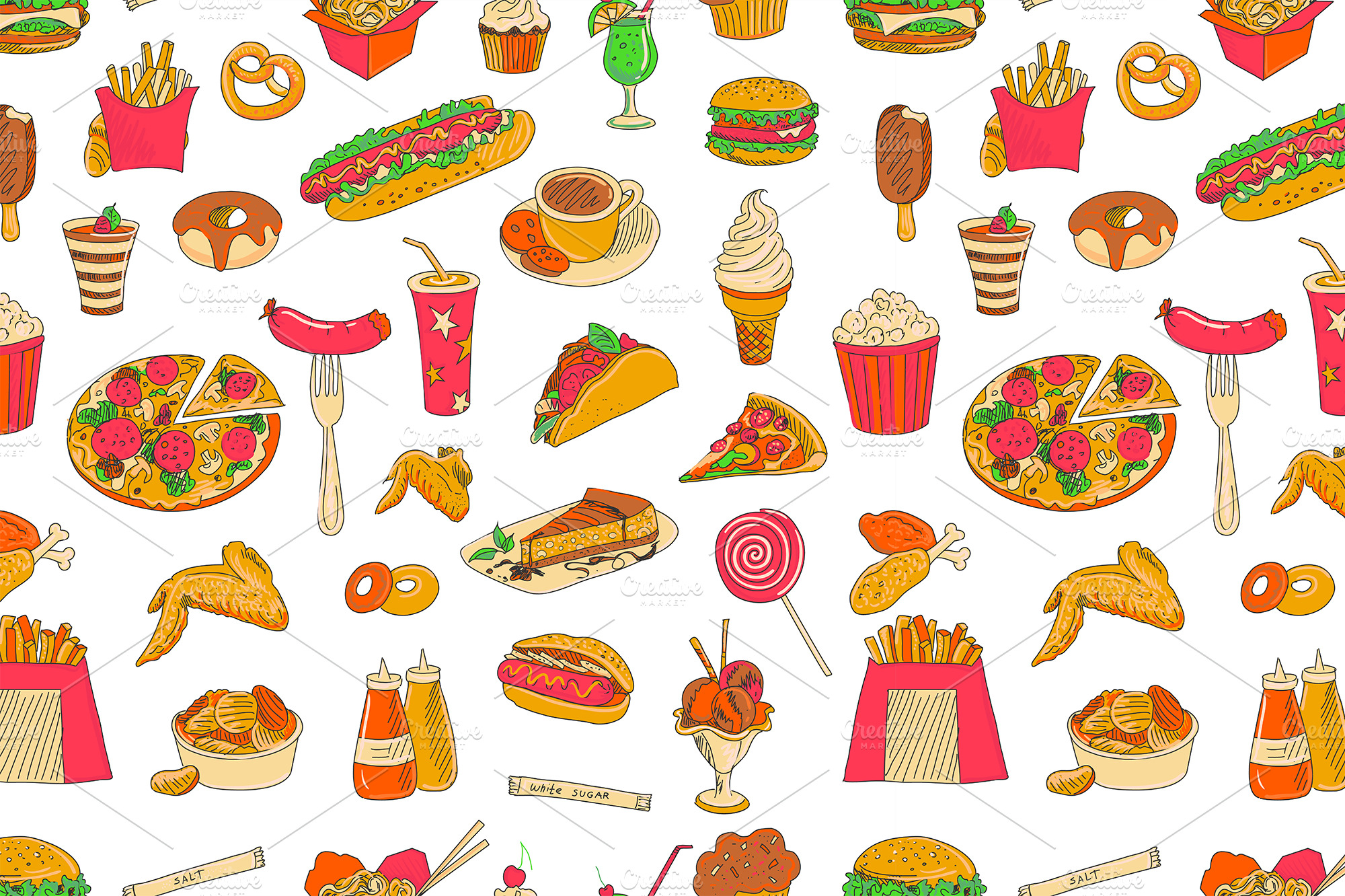 Colored hand drawn fast food patte Graphic Patterns 