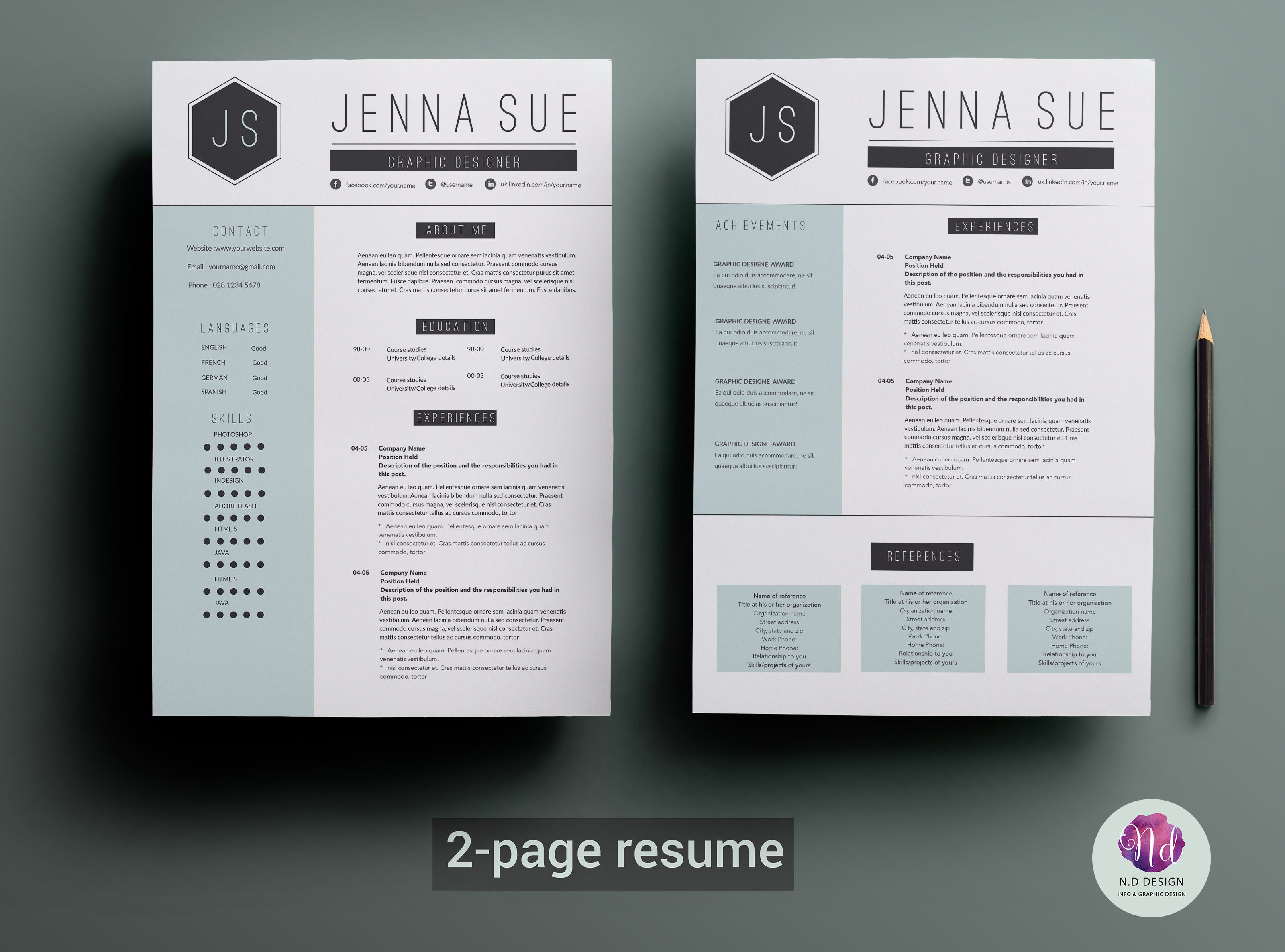 2-page resume template ~ Resume Templates ~ Creative Market