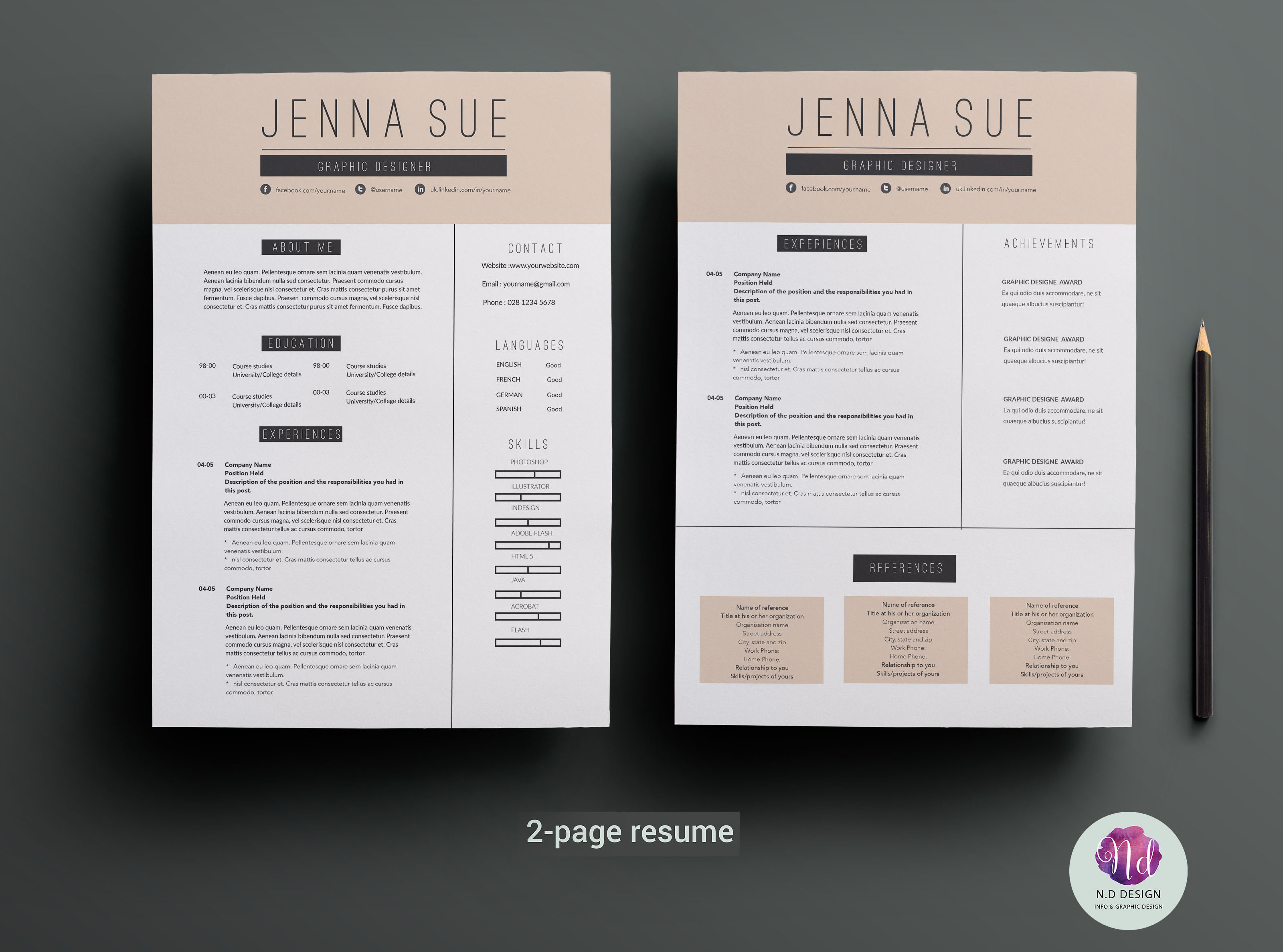2 page resume template Resume Templates Creative Market